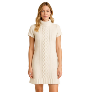 Cableknit Fisherman White Wool Chunky Knit Midi Sweater Dress Turtleneck Vintage